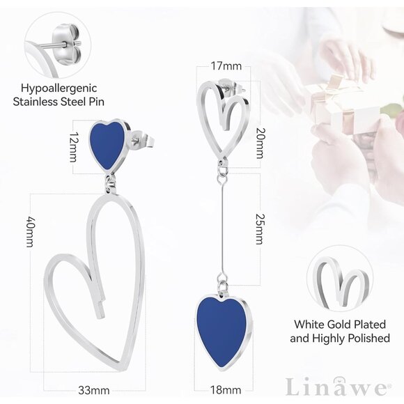 🆕 Women Blue Trendy Heart Dangle Earrings Titanium Stainless Steel Love Jewelry - Picture 5 of 6